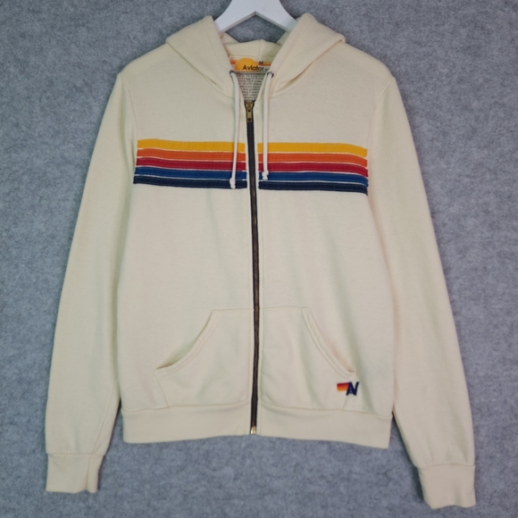 Aviator Nation 5 Stripe Zip Hoodie in Vintage White Medium - Picture 2 of 8